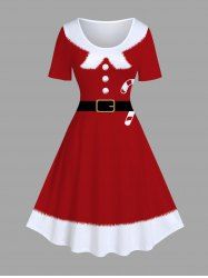 Plus Size Christmas Candy Belt Buttons Fleece Trim 3D Print Santa Claus Costume Vintage Dress -  