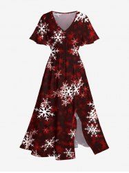 Robe Mi-Longue Fendue Flocon de Neige de Noël Imprimé de Grande Taille - Rouge 5X