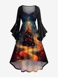 Plus Size Christmas Tree Ball Galaxy Star Light Beam Glitter 3D Print Ruched Flare Sleeve High Low Dress -  