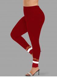 Plus Size Christmas Santa Claus Floral Trim Colorblock Print Leggings -  