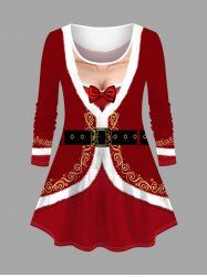 Plus Size Christmas Santa Claus Bowknot Floral Trim Belt 3D Print T-shirt -  
