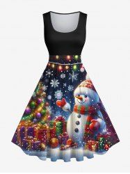 Robe de Noël Trapèze Vintage Boule Bonhomme de Neige et Lumière Colorée Imprimés de Grande Taille - Noir S