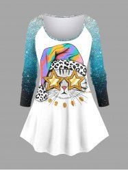 T-shirt Chat Etoile et Galaxie Imprimés Ombré à Manches Longues Grande Taille - Blanc 6X