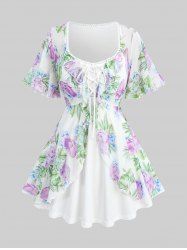 Plus Size Floral Leaf Print Mesh Ruffles Lace Up Layered Top -  