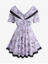 Plus Size Floral Print Twist Convertible Collar Lace Trim Top -  