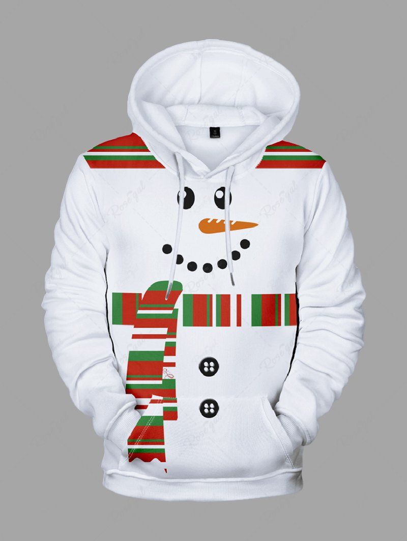 Chic Plus Size Christmas Snowman Plaid Scarf Print Pocket Drawstring Pullover Long Sleeves Hoodie For Men  