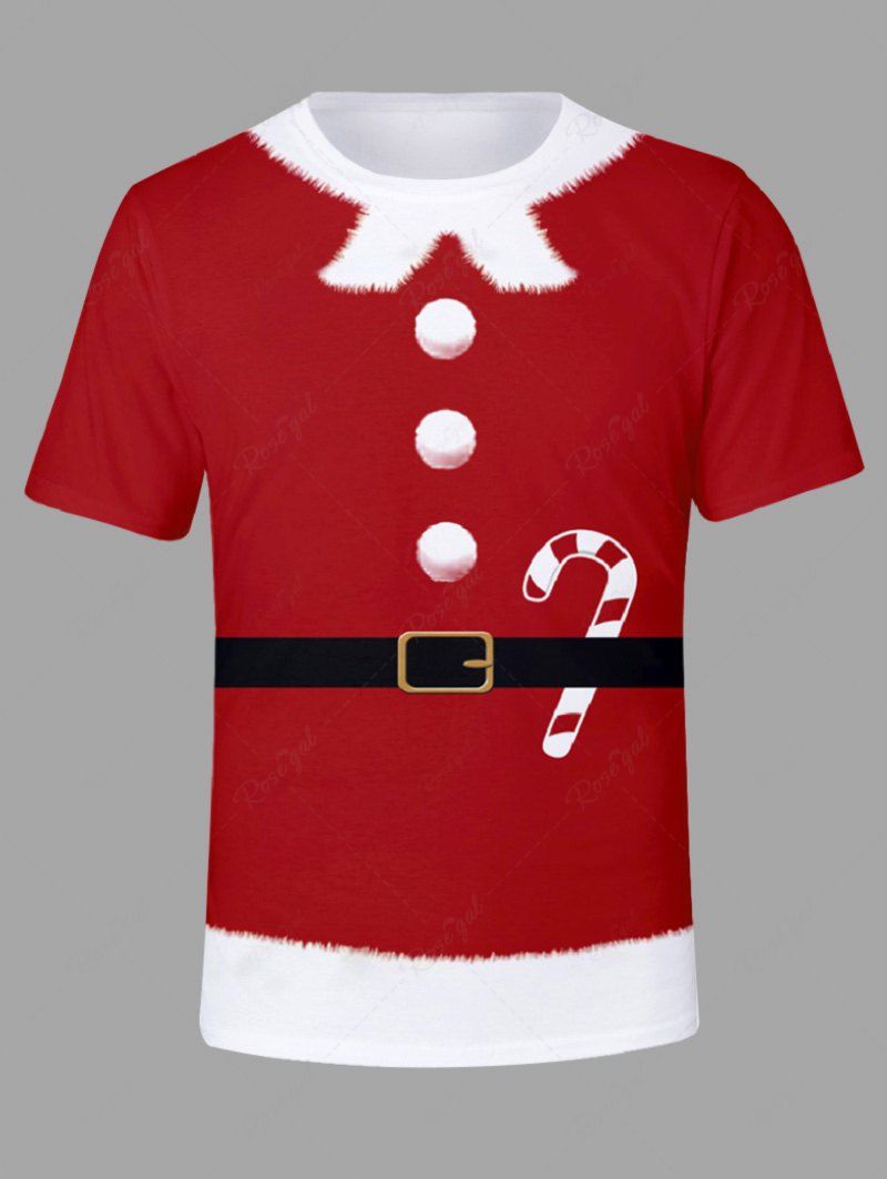 T-shirt 3D Père Noël en Couleur de Bonbon Imprimé en Laine Grande Taille Rouge XL