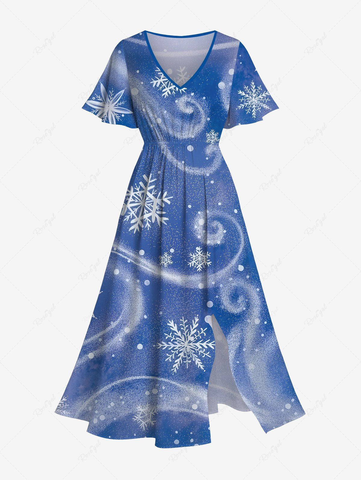 Robe Mi-Longue Fendue Flocon de Neige de Noël Imprimé de Grande Taille Bleu 2X