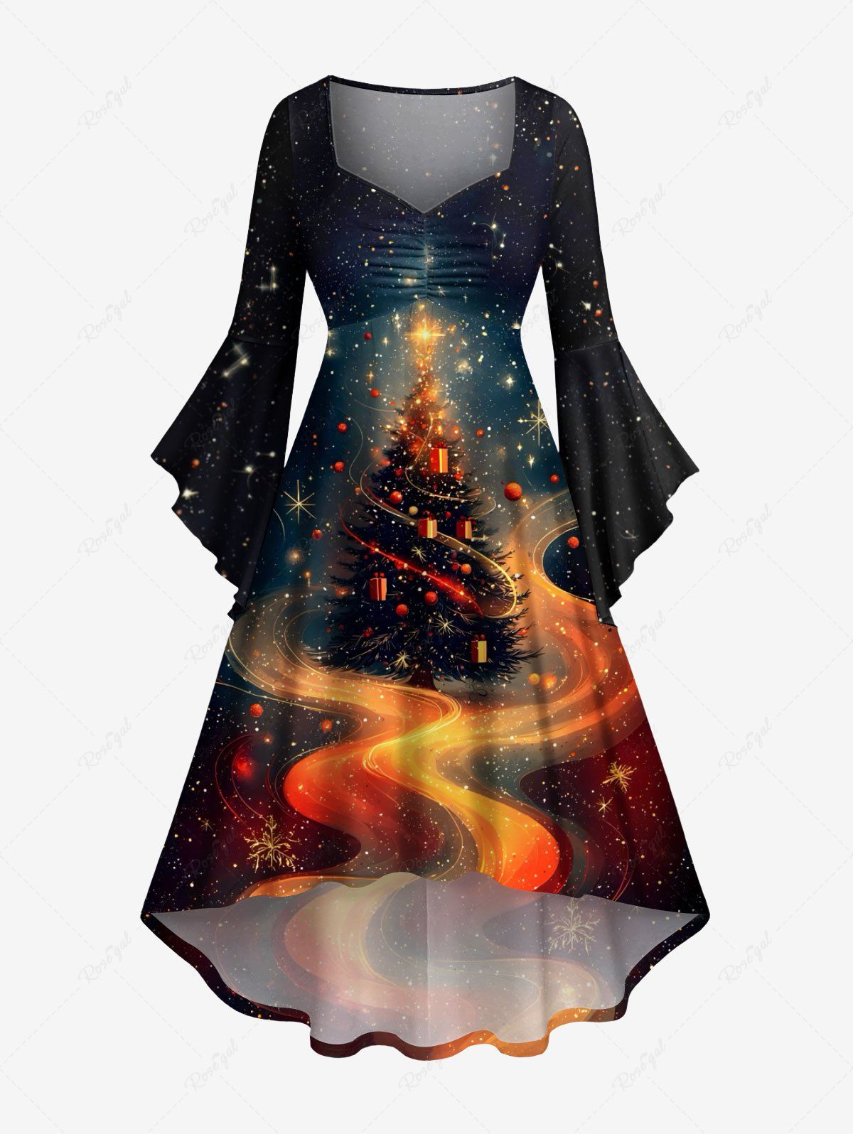 Affordable Plus Size Christmas Tree Ball Galaxy Star Light Beam Glitter 3D Print Ruched Flare Sleeve High Low Dress  