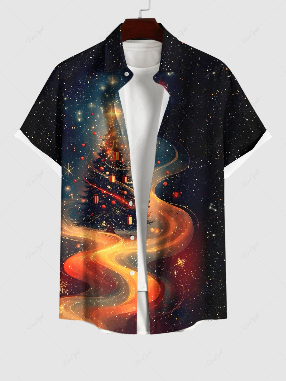 Chemise 3D Boule Etoile Sapin de Noël et Galaxie Imprimés Grande Taille à Paillettes avec Boutons Noir XL