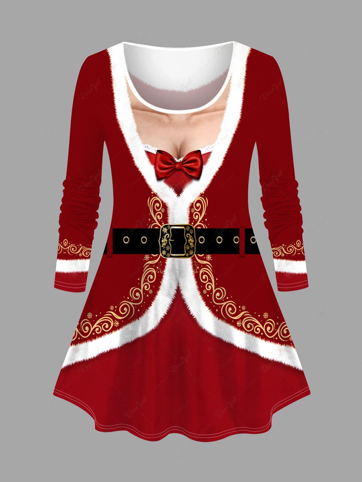 New Plus Size Christmas Santa Claus Bowknot Floral Trim Belt 3D Print T-shirt  