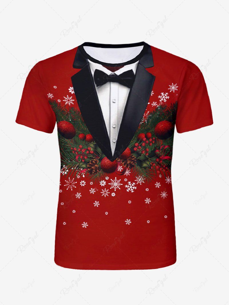 Ensemble T-shirt Imprimé Feuilles et Flocon de Neige Drôle de Noël Grande Taille pour Homme Rouge L