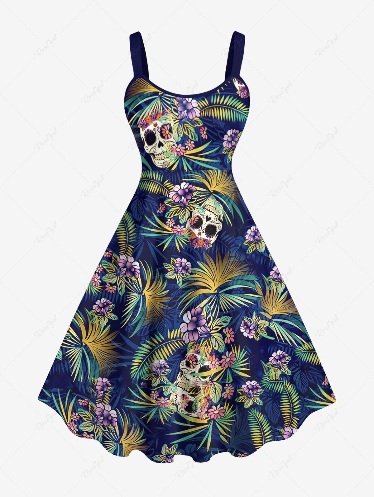 New Hawaii Plus Size Skulls Coconut Tree Leaf Flower Print Backless A Line Tank Dress  
