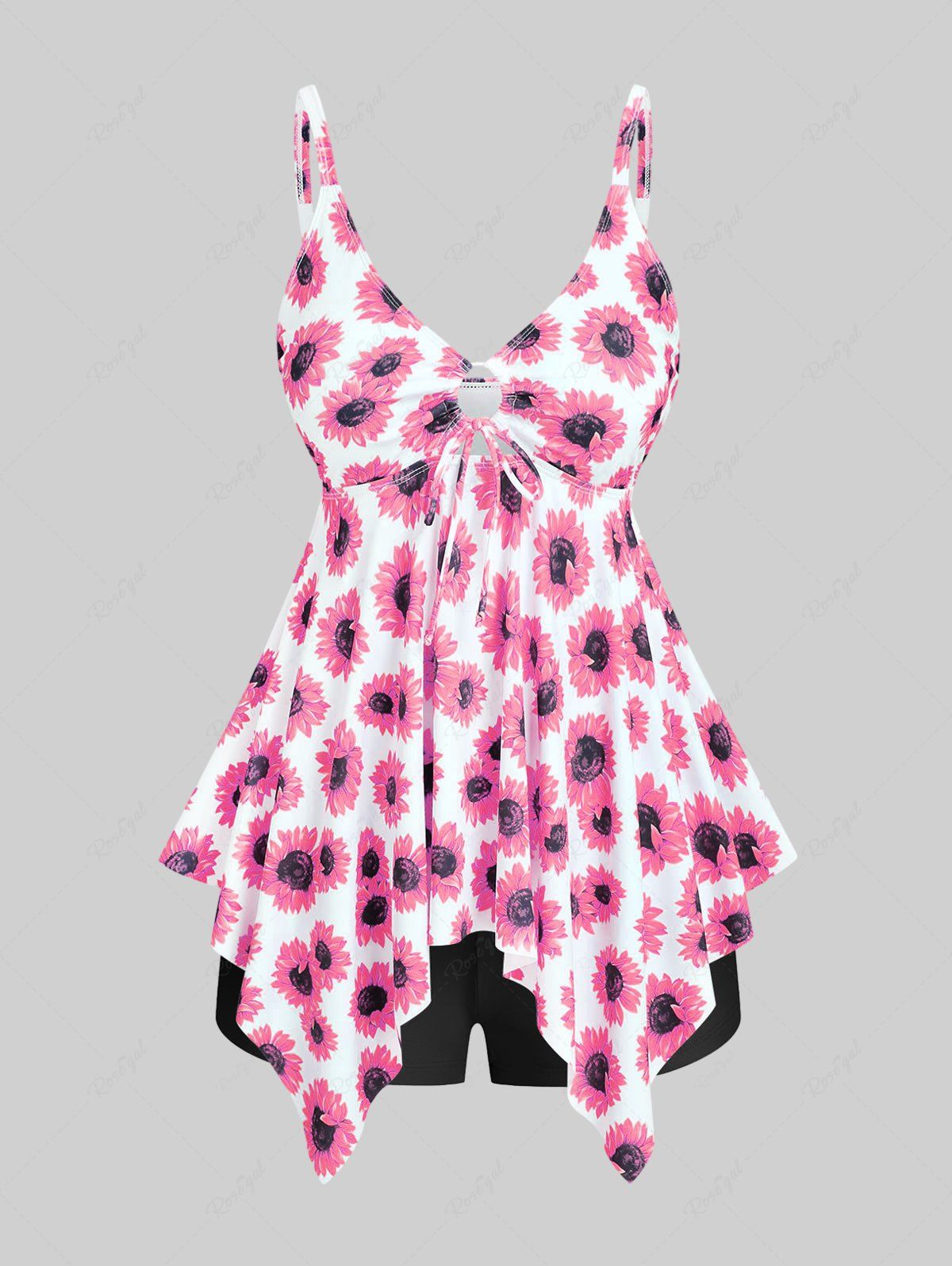 Shops Handkerchief Sunflower Print Cinched Plus Size & Curve Modest Tankini  Swimsuit  
