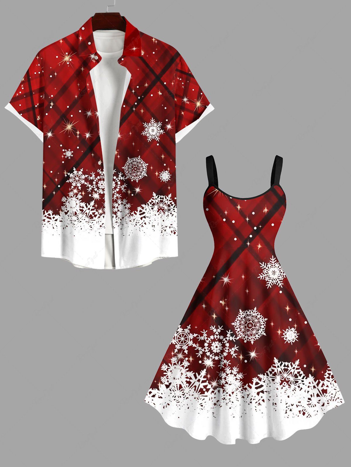 Fashion Christmas Snowflake Star Colorblock Plaid Glitter 3D Print Plus Size Matching Outfit For Couples  