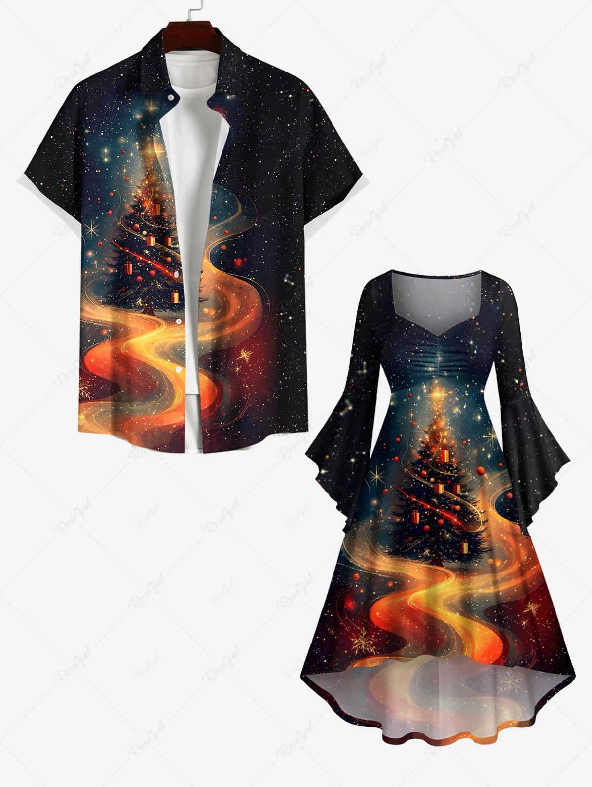 Unique Christmas Tree Ball Galaxy Star Light Beam Glitter 3D Print Plus Size Matching Outfit For Couples  