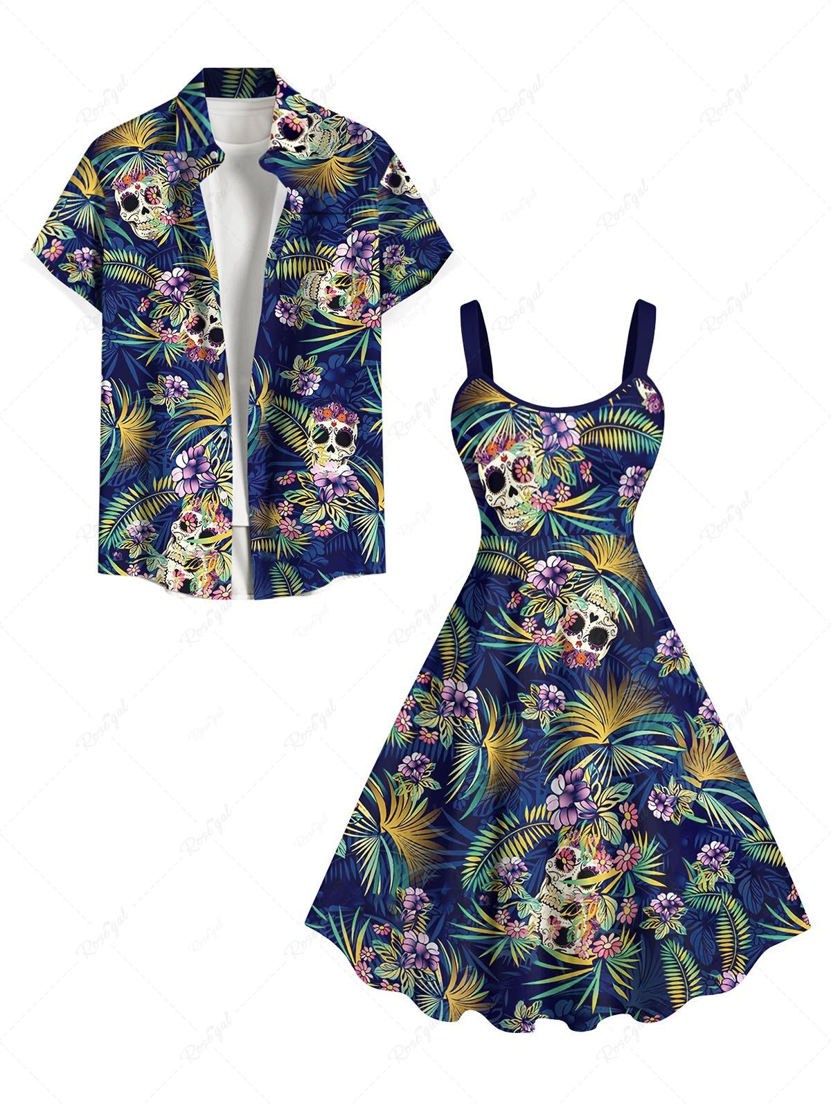 Sale Skulls Coconut Tree Leaf Flower Print Backless Dress and Button Shirt Plus Size Matching Hawaii Beach Outfit for Couples  