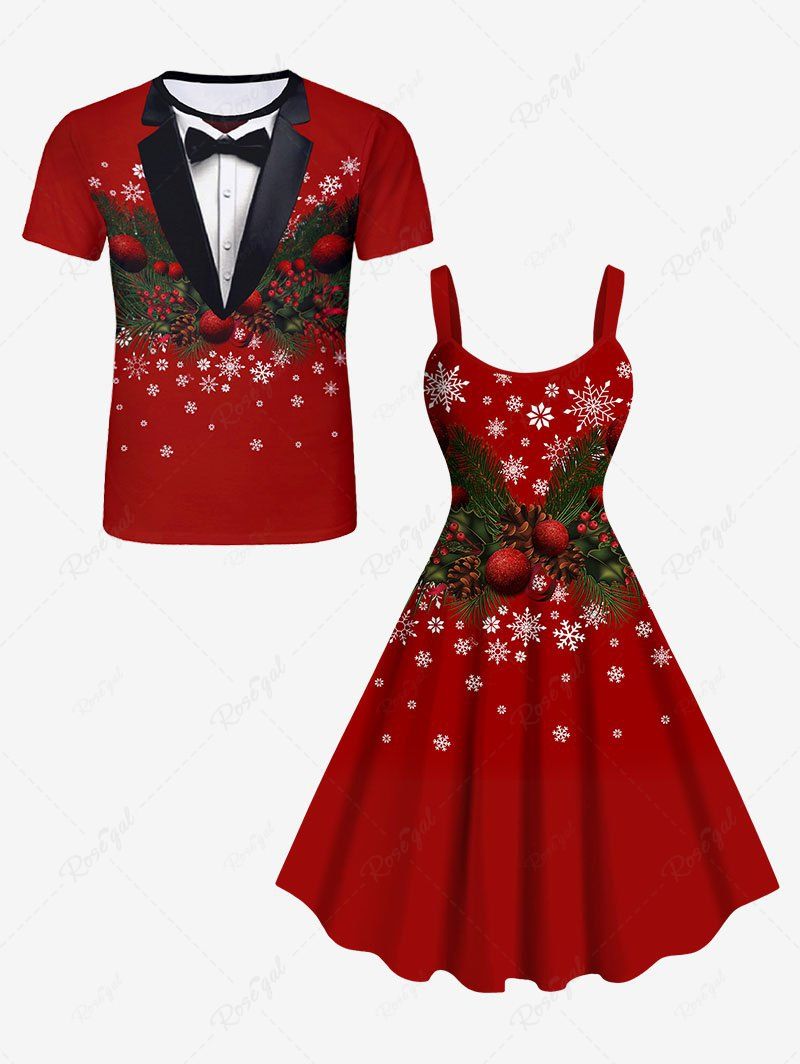 Tenue Trapèze à Motif Feuilles et Boule de Noël pour Couples de Flocons de Neige Rouge 