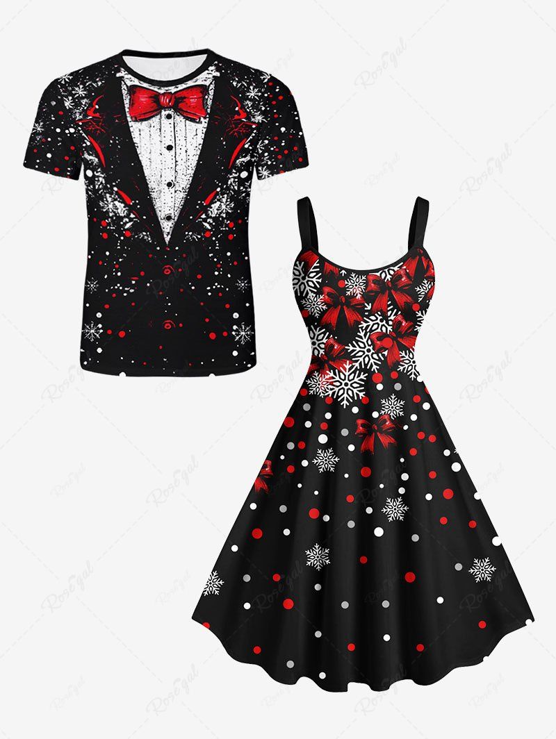Latest Ugly Funny Christmas Snowflake Bowknot Suit Pattern Print Matching Outfit For Couples  