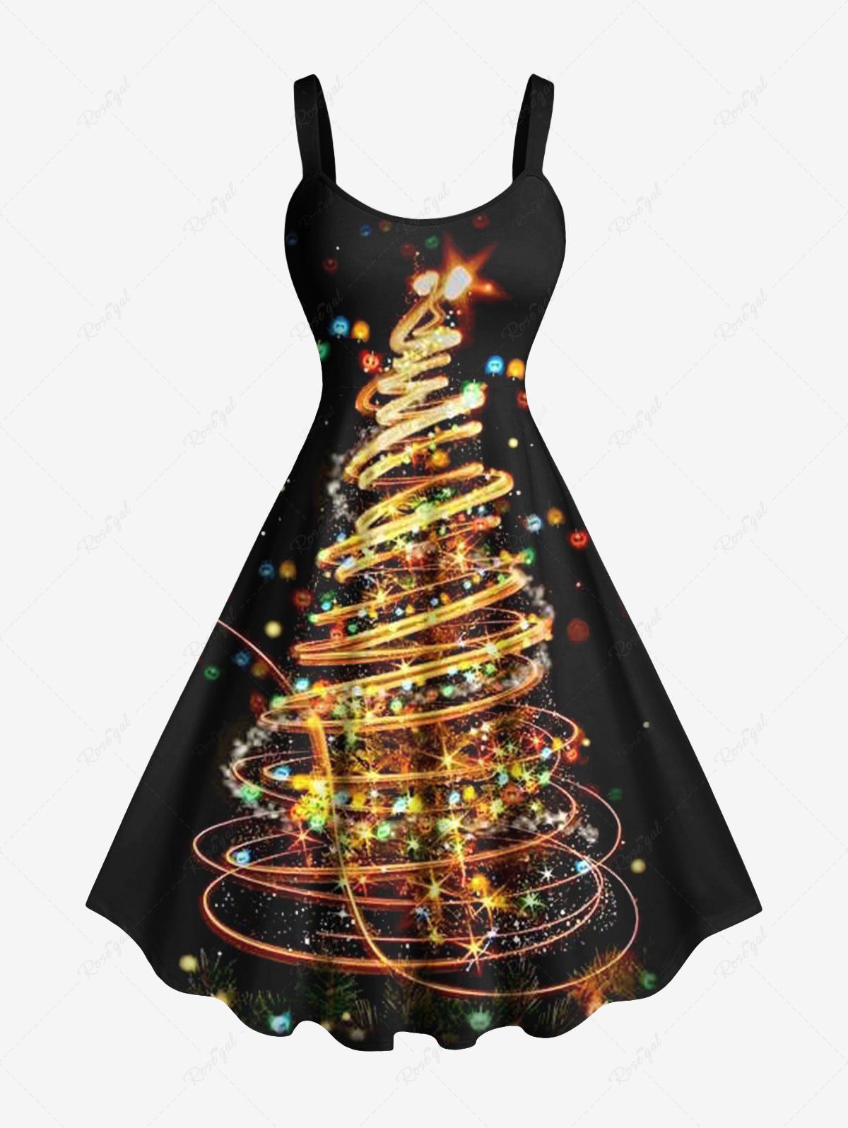 Robe Ligne A Sapin de Noël Brillant Coloré Imprimé de Grande Taille Noir 5X