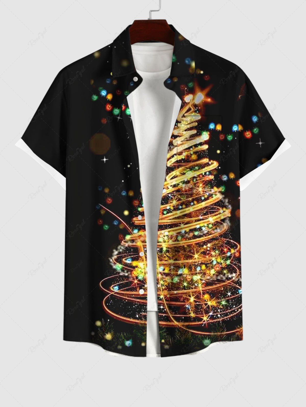 Chemise avec Boutons à Imprimé Sapin de Noël Brillant Coloré et Poche Grande-Taille pour Hommes Noir M