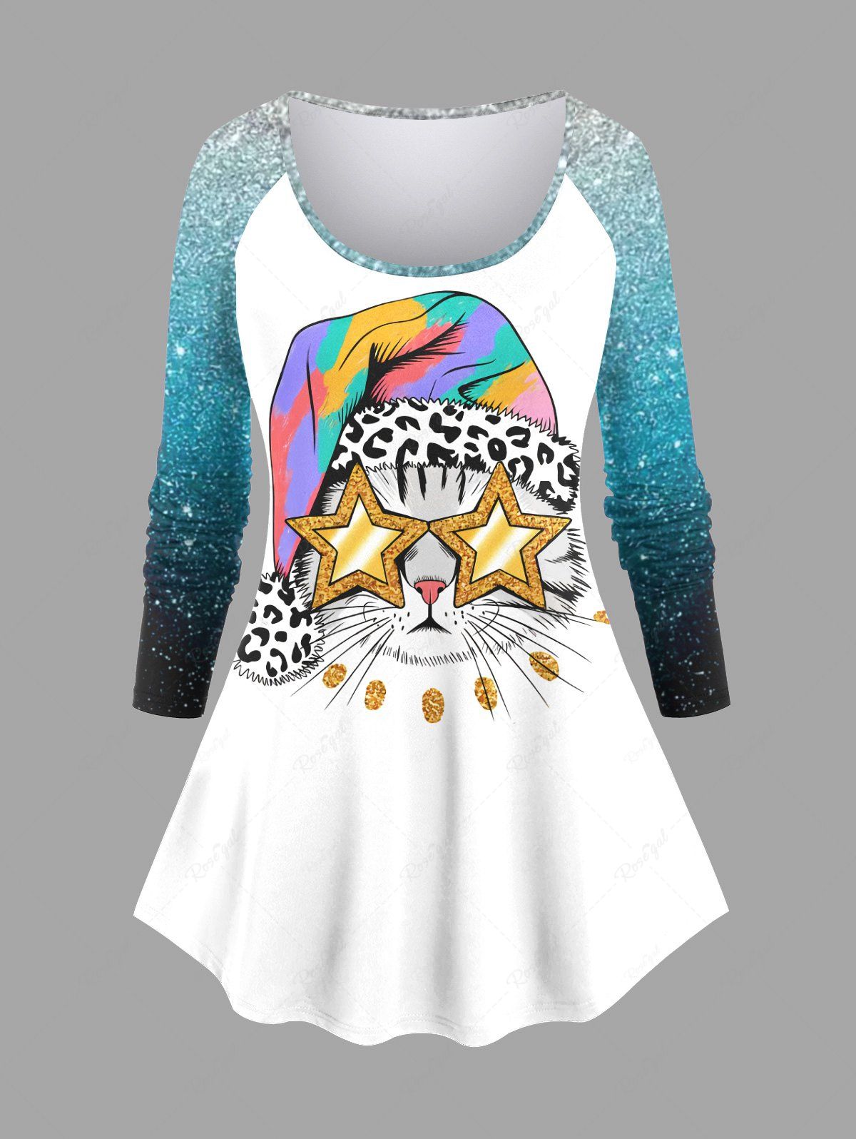 T-shirt Chat Etoile et Galaxie Imprimés Ombré à Manches Longues Grande Taille Blanc 6X