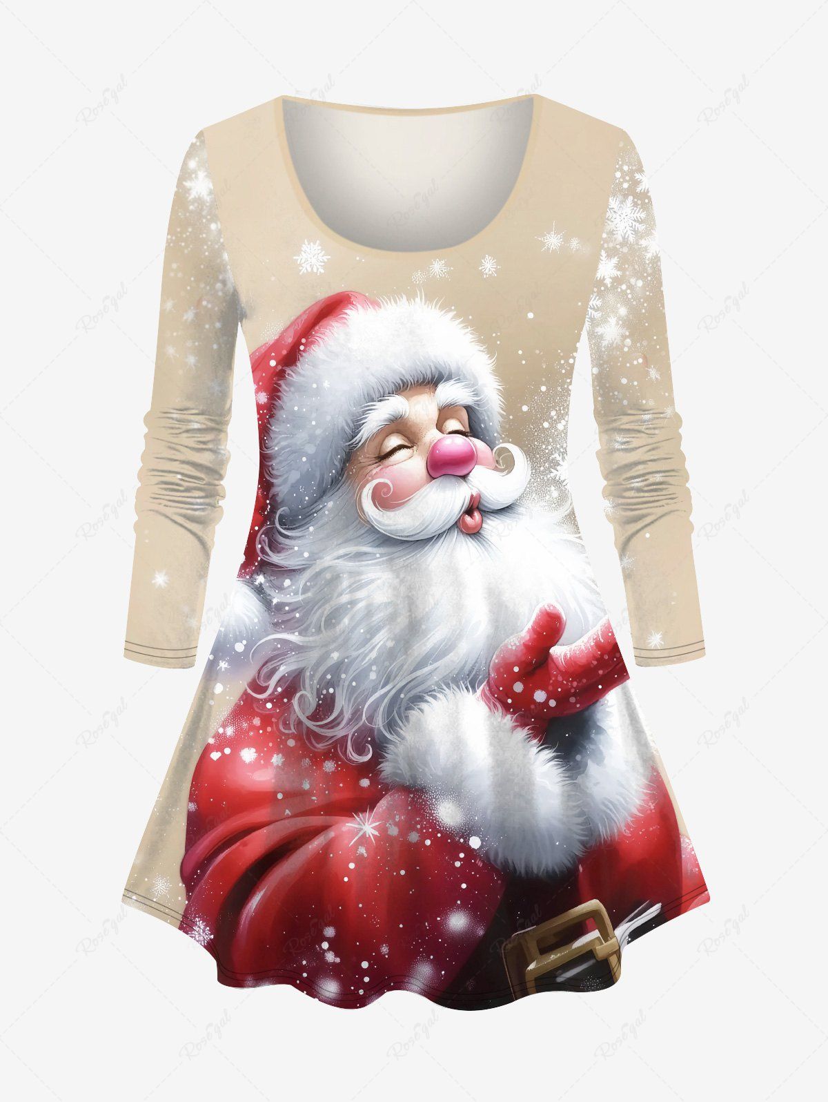 T-shirt Père Noël et Flocon de Neige Imprimés de Grande Taille à Paillettes Beige 6X
