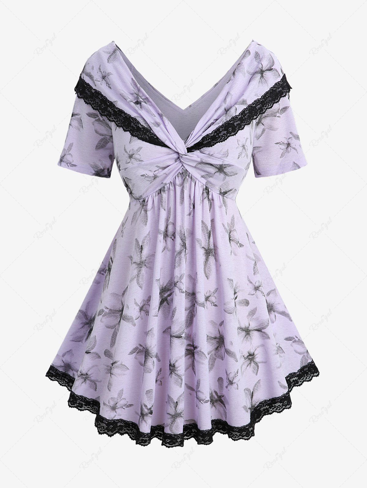 Chic Plus Size Floral Print Twist Convertible Collar Lace Trim Top  