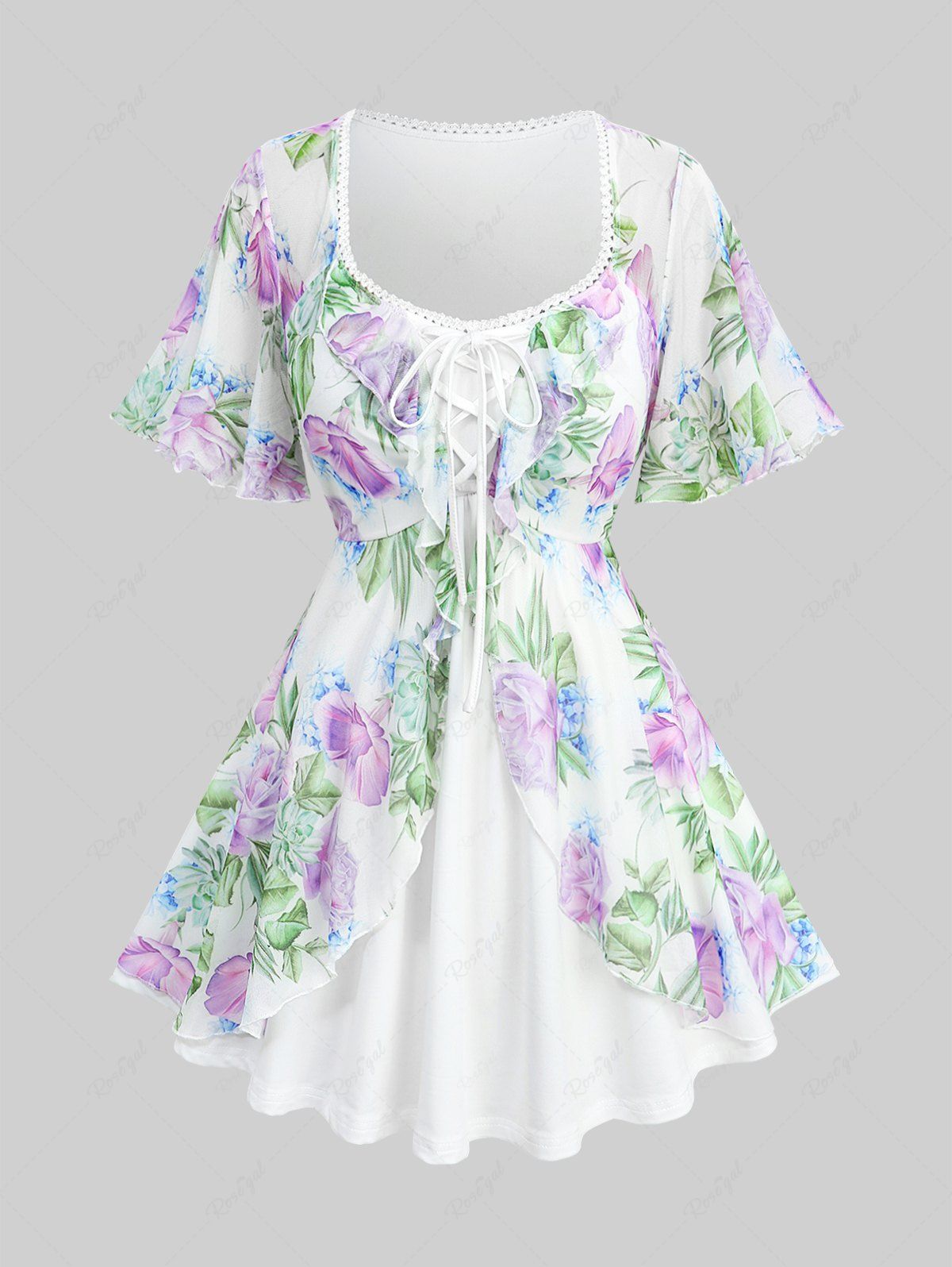 Outfit Plus Size Floral Leaf Print Mesh Ruffles Lace Up Layered Top  
