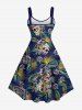 Robe Hawaïen Ligne A Feuille Fleur et Arbre Noix de Coco Imprimés de Grande Taille - Bleu profond XXS