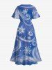 Robe Mi-Longue Fendue Flocon de Neige de Noël Imprimé de Grande Taille - Bleu 2X