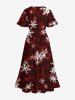 Robe Mi-Longue Fendue Flocon de Neige de Noël Imprimé de Grande Taille - Rouge 5X