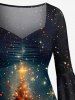 Plus Size Christmas Tree Ball Galaxy Star Light Beam Glitter 3D Print Ruched Flare Sleeve High Low Dress -  