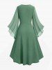 Plus Size Ruched Lace Up Mesh Bell Sleeves Textured Split Dress -  