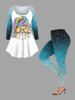 T-shirt Chat Etoile et Galaxie Imprimés Ombré à Manches Longues Grande Taille - Blanc 6X