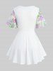 Plus Size Floral Leaf Print Mesh Ruffles Lace Up Layered Top -  