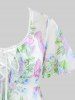 Plus Size Floral Leaf Print Mesh Ruffles Lace Up Layered Top -  