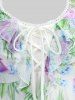 Plus Size Floral Leaf Print Mesh Ruffles Lace Up Layered Top -  