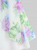Plus Size Floral Leaf Print Mesh Ruffles Lace Up Layered Top -  