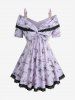 Plus Size Floral Print Twist Convertible Collar Lace Trim Top -  