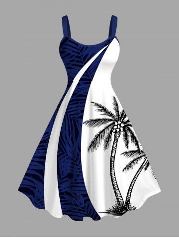 Plus Size Coconut Tree Tropical Leaf Print Hawaii Tank Dress - DEEP BLUE - XS