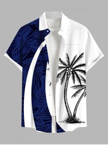 Plus Size Coconut Tree Tropical Leaf Print Buttons Pocket Hawaii Shirt For Men - DEEP BLUE - L