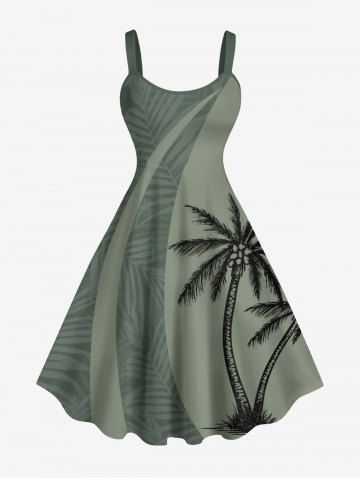 Plus Size Coconut Tree Tropical Leaf Print Hawaii Tank Dress - LIGHT GREEN - XS