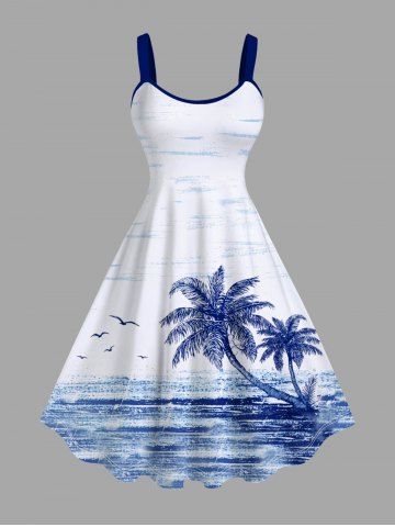 Plus Size Tropical Sea Coconut Tree Seagull Cloud Print Hawaii Tank Dress - WHITE - S