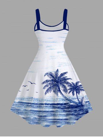 Plus Size Tropical Sea Coconut Tree Seagull Cloud Print Hawaii Tank Dress