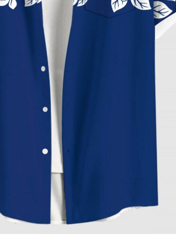 Plus Size Hibiscus Flower Palm Leaf Colorblock Print Buttons Pocket Hawaii Shirt For Men