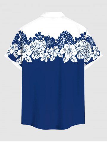Plus Size Hibiscus Flower Palm Leaf Colorblock Print Buttons Pocket Hawaii Shirt For Men