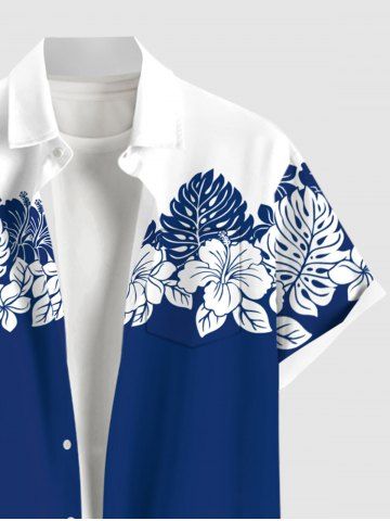 Plus Size Hibiscus Flower Palm Leaf Colorblock Print Buttons Pocket Hawaii Shirt For Men