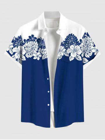 Plus Size Hibiscus Flower Palm Leaf Colorblock Print Buttons Pocket Hawaii Shirt For Men - BLUE - M