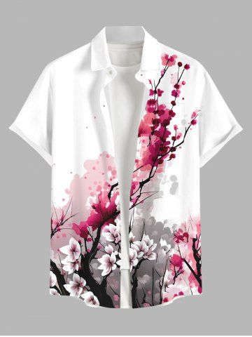 Plus Size Oriental Ink Plum Bossom Flower Print Buttons Pocket Shirt For Men - Multi-a - 3xl
